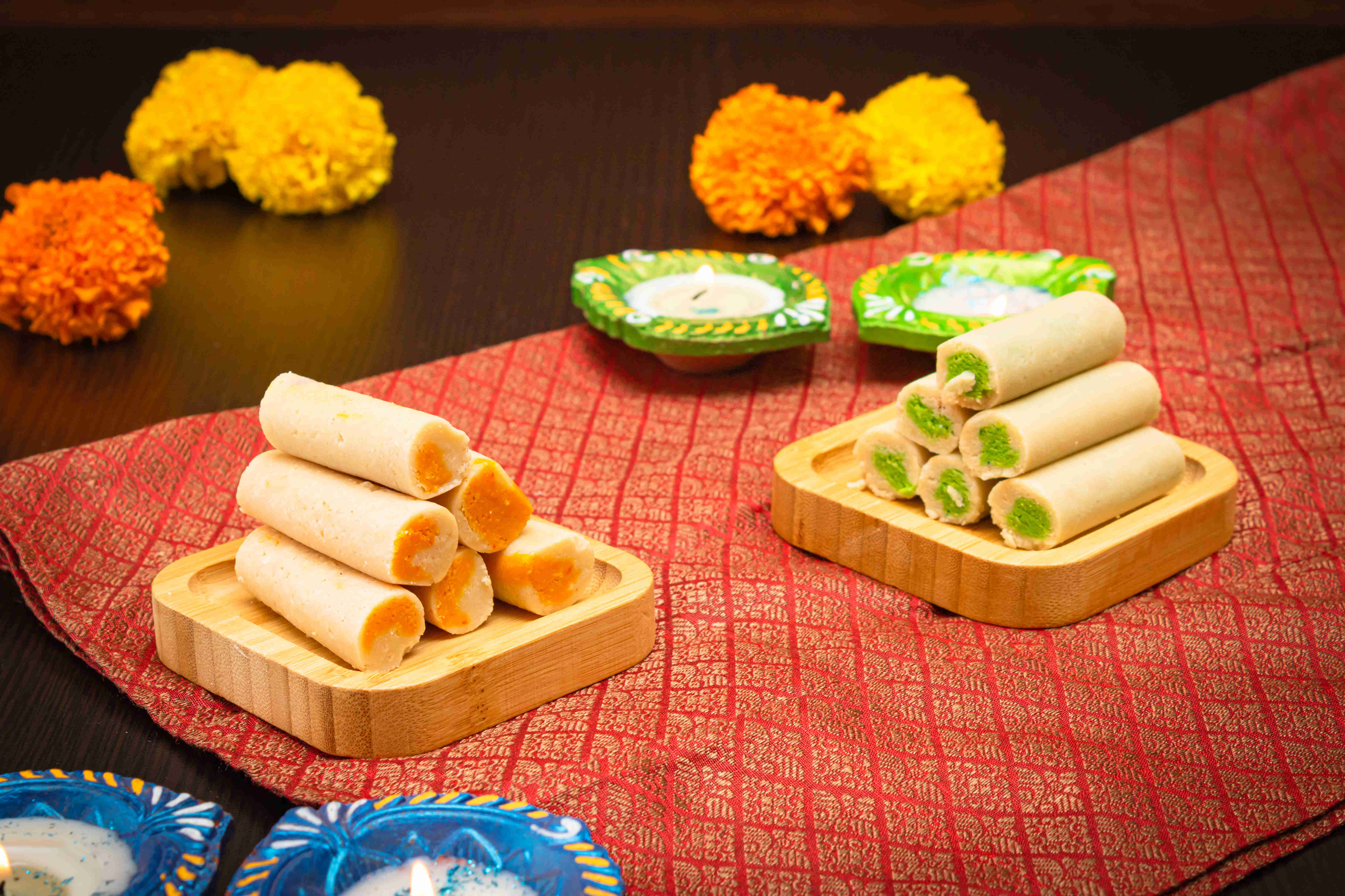 kaju kesar roll and kaju pista roll